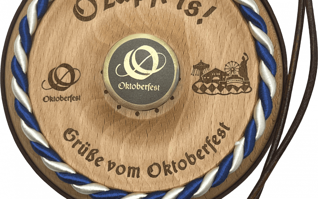 "Zapft is!" Deckel mit Wiesn-Logo, Bronze-Knauf, Holz, Oktoberfest, Bier, Wiesn. Von oben Fotografiert