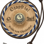 "Zapft is!" Deckel mit Wiesn-Logo, Bronze-Knauf, Holz, Oktoberfest, Bier, Wiesn. Von oben Fotografiert