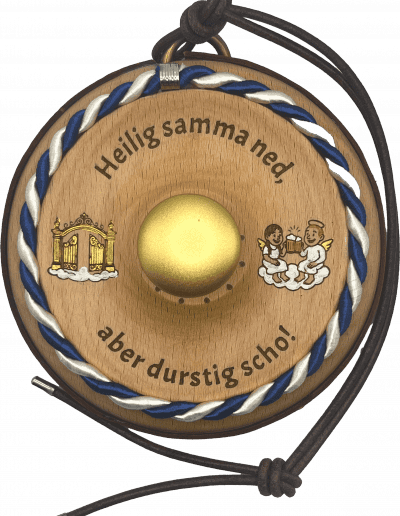 Handbemalter Holz-Getränkedeckel „Heilig Mamma ned, aber durstig scho!“ mit himmlischem Motiv