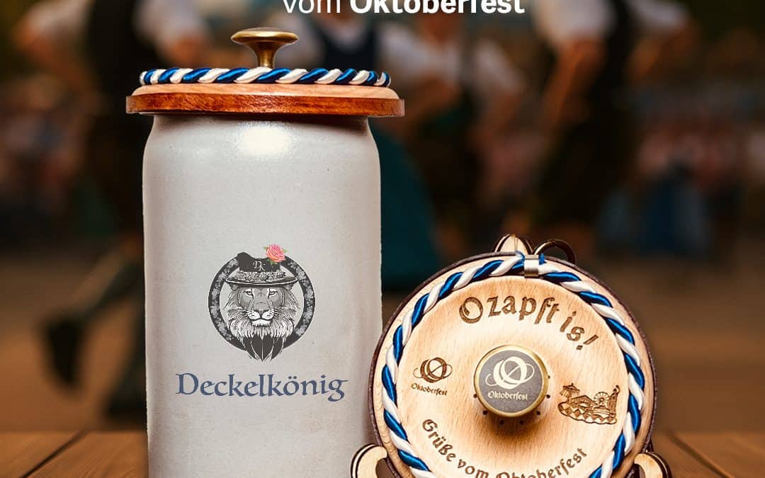 Oktoberfest-Krüge mit Deckelkönig Holz-Getränkedeckeln „Ozapft is“ – bayerische Wiesn-Tradition als Geschenk und Andenken - der perfekte Begleiter