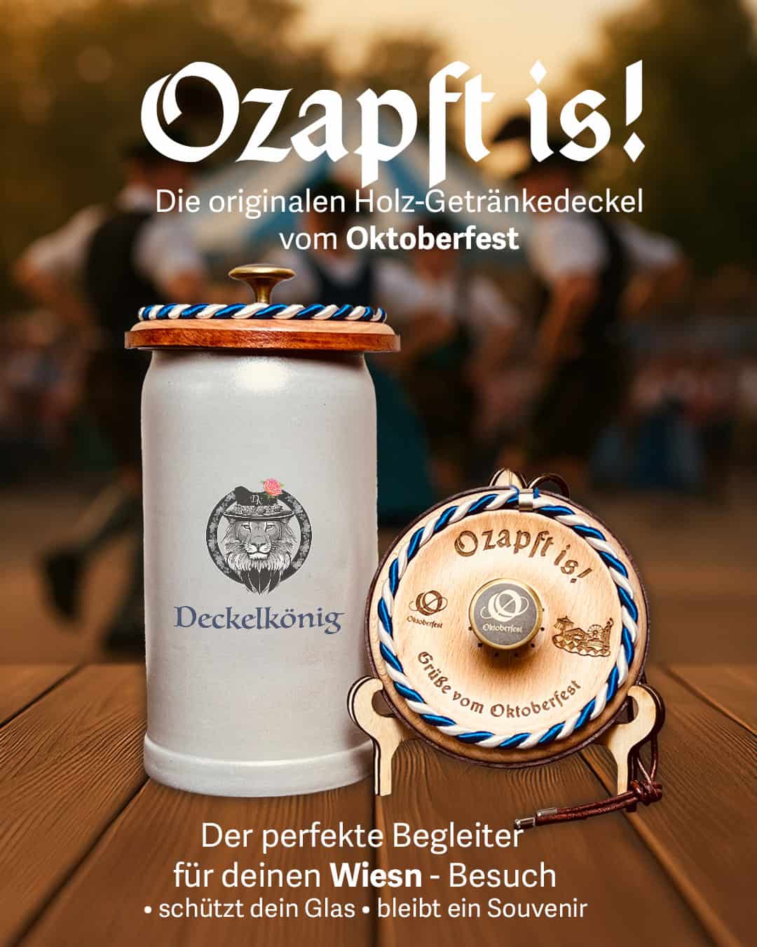 oktoberfest-bierdeckel "Zapft is!"Oktoberfest-Krüge mit Deckelkönig Holz-Getränkedeckeln bayerische Wiesn-Tradition als Geschenk und Andenken - Gestalte deinen eigenen Deckel bleibt ein Souvenir